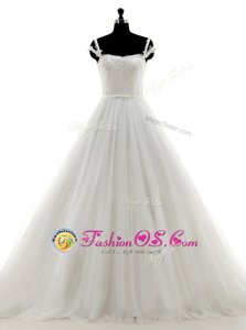 Sleeveless With Train Lace and Appliques Lace Up Wedding Dress with White Brush Train