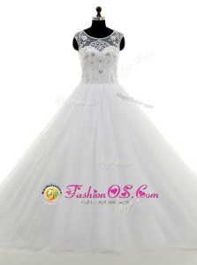 White Off The Shoulder Neckline Ruching Wedding Gowns Sleeveless Lace Up