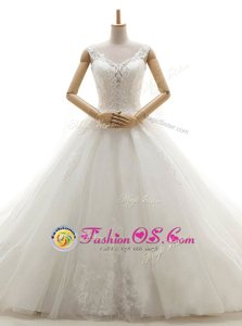 Stylish Tulle Sleeveless With Train Wedding Dress Chapel Train and Lace