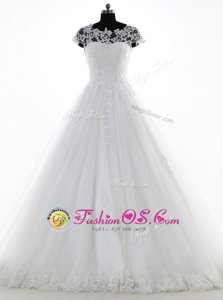 Scoop White Clasp Handle Wedding Gown Lace and Appliques Short Sleeves With Brush Train