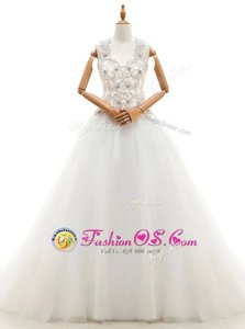 Sexy With Train Lace Up Wedding Dress White and In for Wedding Party with Beading and Lace Brush Train