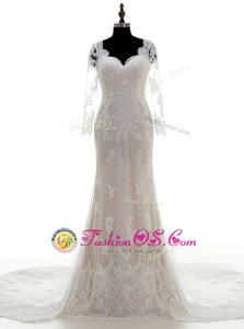 Sumptuous Lace V-neck 3|4 Length Sleeve Court Train Clasp Handle Lace and Appliques Wedding Dress in White