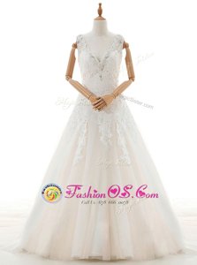 With Train White Wedding Gowns V-neck Sleeveless Court Train Zipper