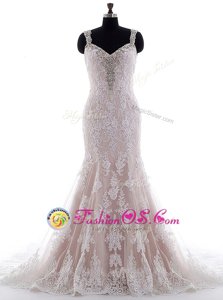 Unique Sleeveless With Train Beading and Lace Backless Bridal Gown with White Brush Train