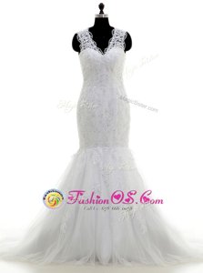 Mermaid White V-neck Clasp Handle Beading and Lace and Appliques Bridal Gown Brush Train Sleeveless
