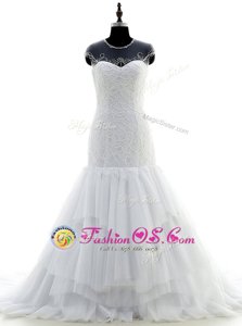 Affordable Scoop White Chiffon and Lace Zipper Wedding Gown Short Sleeves With Brush Train Beading and Lace