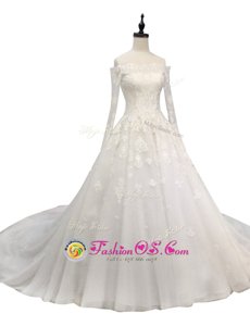 White A-line Tulle Off The Shoulder Long Sleeves Lace and Appliques With Train Zipper Wedding Dress Chapel Train