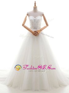 Spectacular Sleeveless With Train Beading and Appliques Lace Up Wedding Dress with White Brush Train