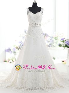 Custom Made Mermaid Lace Scoop Sleeveless Brush Train Clasp Handle Beading and Lace Wedding Gown in White