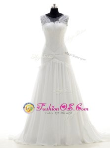 Scoop Sleeveless With Train Lace Side Zipper Wedding Dress with White Brush Train