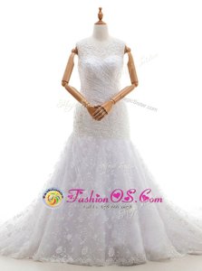 Fashion Brush Train Mermaid Wedding Dress White Scoop Tulle Sleeveless With Train Lace Up