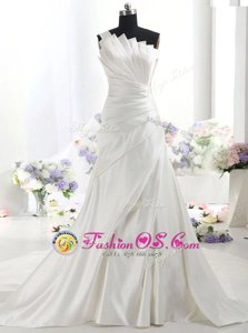 White Column/Sheath Satin One Shoulder Sleeveless Ruffles With Train Zipper Wedding Dress Chapel Train