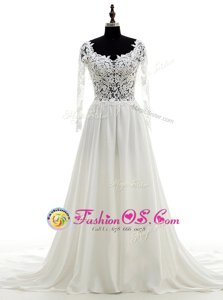 Fashionable Scoop Long Sleeves Satin Bridal Gown Lace Brush Train Backless