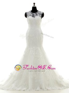 Comfortable Scoop Lace With Train Mermaid Sleeveless White Wedding Dress Brush Train Zipper