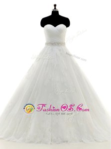 Most Popular Tulle and Lace Sleeveless With Train Wedding Gowns Brush Train and Beading and Lace and Appliques