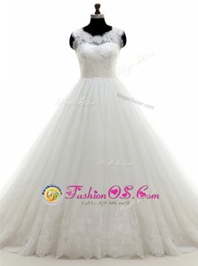 Edgy White Scoop Neckline Lace Wedding Gowns Sleeveless Clasp Handle