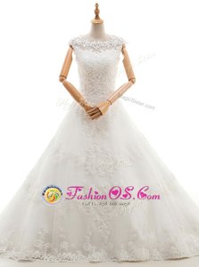 Tulle Sleeveless With Train Wedding Gown Sweep Train and Beading and Lace and Hand Made Flower