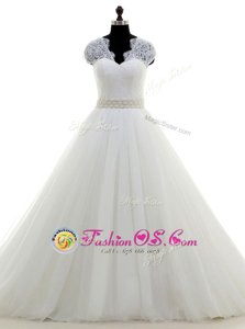 Ideal Cap Sleeves With Train Beading and Lace Clasp Handle Wedding Dress with White Brush Train