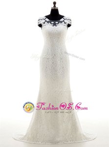 Spectacular White Column/Sheath Scoop Cap Sleeves Lace With Brush Train Zipper Lace Bridal Gown