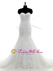 Mermaid Lace With Train White Bridal Gown Sweetheart Sleeveless Brush Train Zipper
