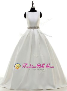 Inexpensive Scoop White Sleeveless With Train Beading Zipper Bridal Gown