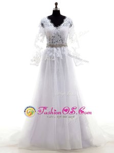 Fashionable Lilac Tulle Clasp Handle Bridal Gown Sleeveless With Train Court Train Lace
