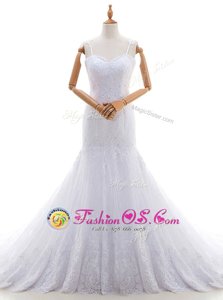 Lace With Train Mermaid Sleeveless White Bridal Gown Brush Train Backless
