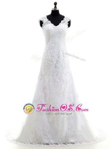 Elegant Scoop White Sleeveless With Train Appliques Zipper Wedding Dresses