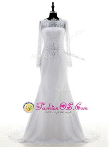 Inexpensive Long Sleeves Lace With Brush Train Zipper Wedding Dress in White for with Appliques