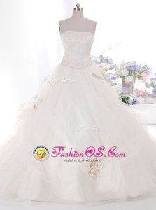Sleeveless With Train Hand Made Flower Zipper Wedding Dress with White Brush Train