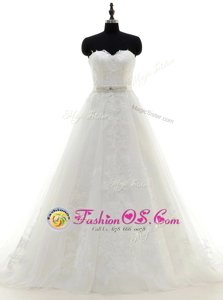 Fashionable White A-line Satin and Lace Sweetheart Sleeveless Sashes|ribbons With Train Zipper Wedding Gown Brush Train