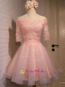 Off the Shoulder Peach Short Sleeves Organza Lace Up Evening Dress for Prom