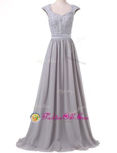 High Class Pleated Scoop Cap Sleeves Lace Up Dress Like A Star Grey Chiffon