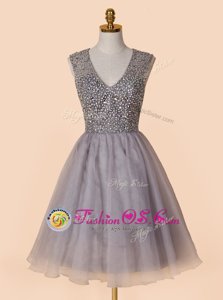 Fitting V-neck Sleeveless Club Wear Knee Length Sequins Grey Organza