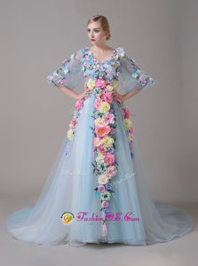 Organza Half Sleeves With Train Prom Dresses Court Train and Hand Made Flower