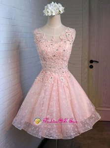 Ideal Pink Lace Lace Up Scoop Sleeveless Mini Length Prom Gown Appliques