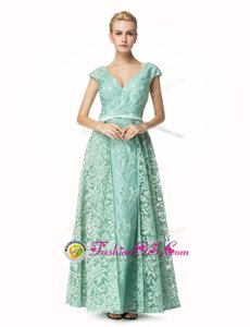 Exquisite Turquoise Lace Zipper V-neck Cap Sleeves Mother Of The Bride Dress Pleated