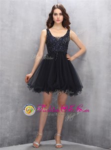 Tulle Square Sleeveless Zipper Beading Prom Gown in Black