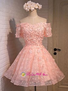 Dramatic Peach A-line Off The Shoulder Sleeveless Lace Mini Length Lace Up Appliques Prom Dress