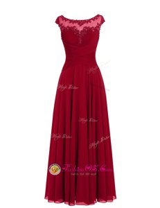 Modern Scoop Wine Red Cap Sleeves Floor Length Appliques Zipper Evening Dress