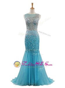 Mermaid Sleeveless Sweep Train Beading Zipper Formal Dresses