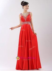 Flare V-neck Sleeveless Satin Formal Dresses Beading Zipper