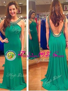 Mermaid Green Evening Dress Prom and Party and For with Beading Bateau Sleeveless Sweep Train Backless