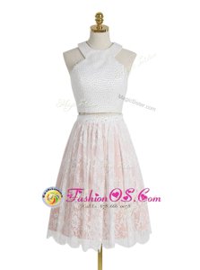 Flare Lace Pink And White Prom Gown Prom and For with Beading Halter Top Sleeveless Zipper