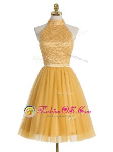 Gold A-line Organza High-neck Sleeveless Beading Mini Length Zipper Dress for Prom