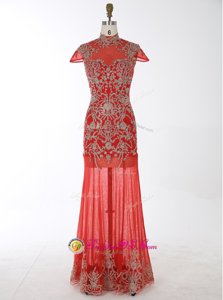 Vintage Mermaid Cap Sleeves Chiffon Floor Length Backless Dress for Prom in Red for with Beading and Appliques
