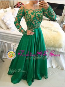 Taffeta Scoop Long Sleeves Side Zipper Beading and Appliques Prom Gown in Green