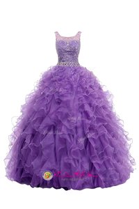 Delicate Purple Zipper Straps Beading and Belt Prom Evening Gown Organza Sleeveless Sweep Train
