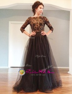 Floor Length Backless Mother Of The Bride Dress Black and In for Prom and Party with Beading and Lace