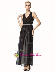 Glamorous Black A-line Chiffon V-neck Sleeveless Beading and Pleated Ankle Length Backless Homecoming Dress